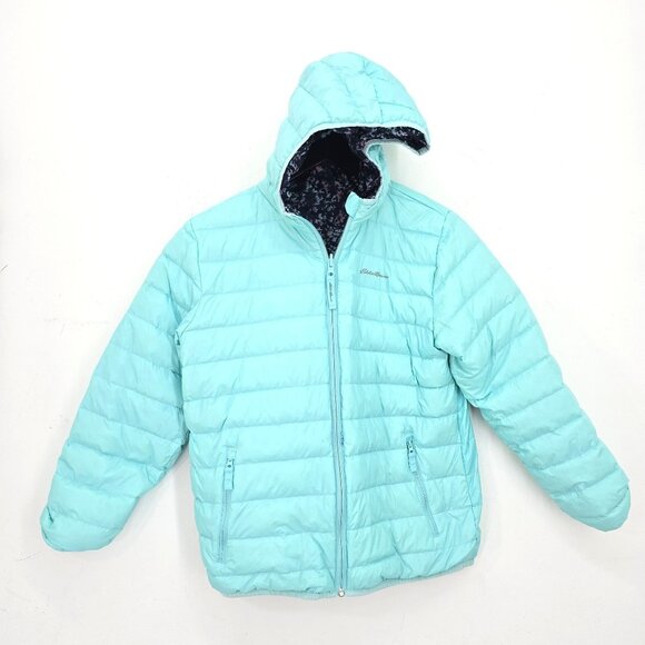 Eddie Bauer REVERSIBLE Soft Aqua Navy Down Winter Puffer Jacket Girls Size 14/16 - Picture 7 of 11